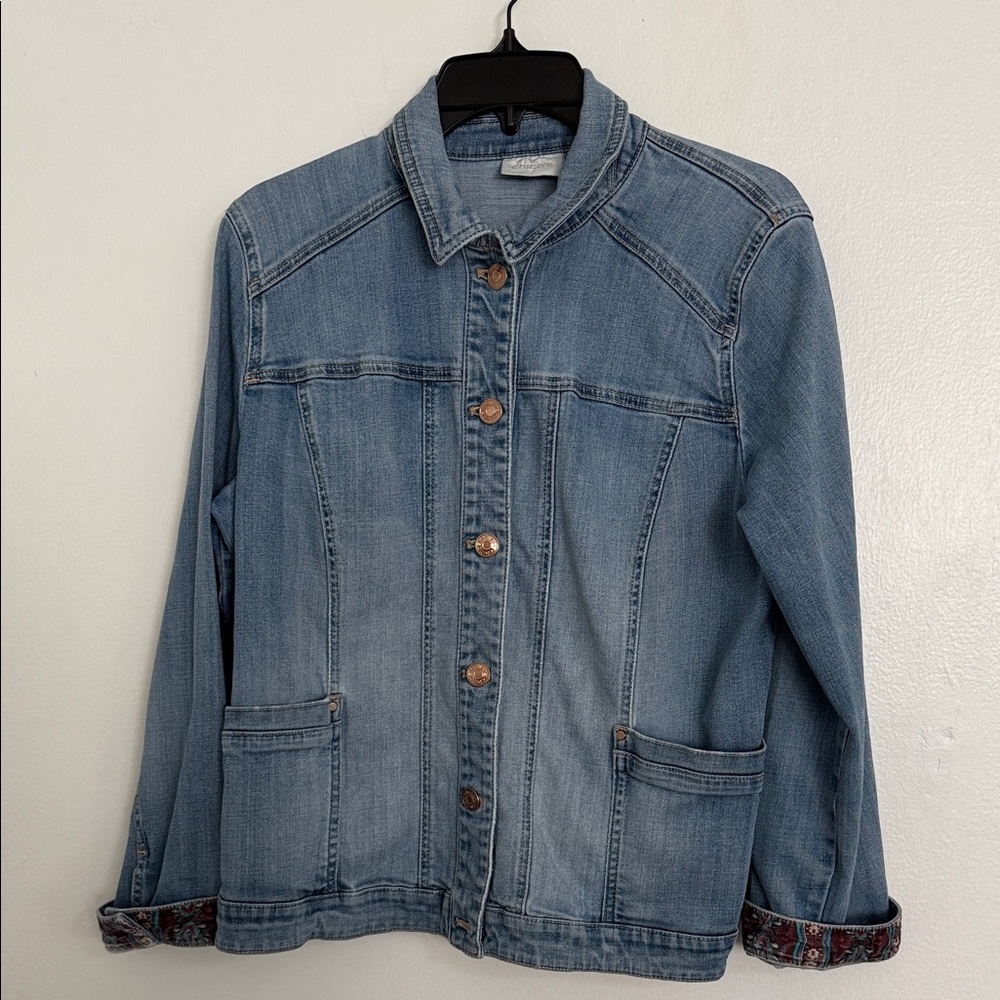 Chico's Blue Jean Jacket with Patterned Cuffs